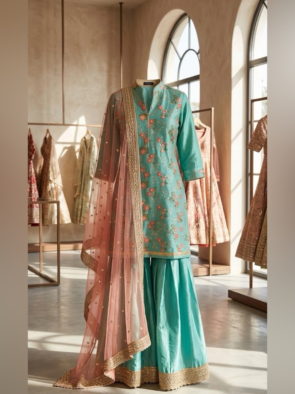 Exquisite Turquoise Silk Sharara Set with Floral Embroidery | Size M (6/8) NWOT